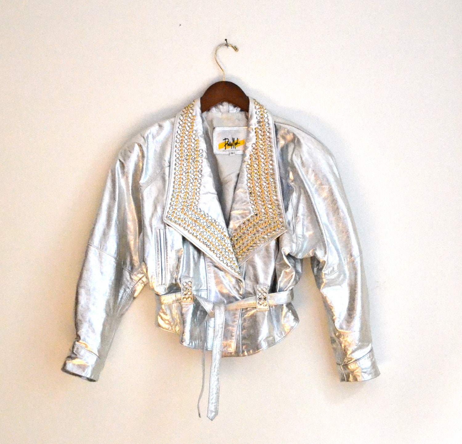 Amazing Vintage 80s Silver Studded Leather Jacket with Rhinestones and Gold Studs, Size M