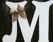 24" Wooden Letter M with Burlap Bow - Any Letter A - Z Vintage Style Cut Letters - Wedding Guest Book Alternitive - Home Decor, Wedding sign