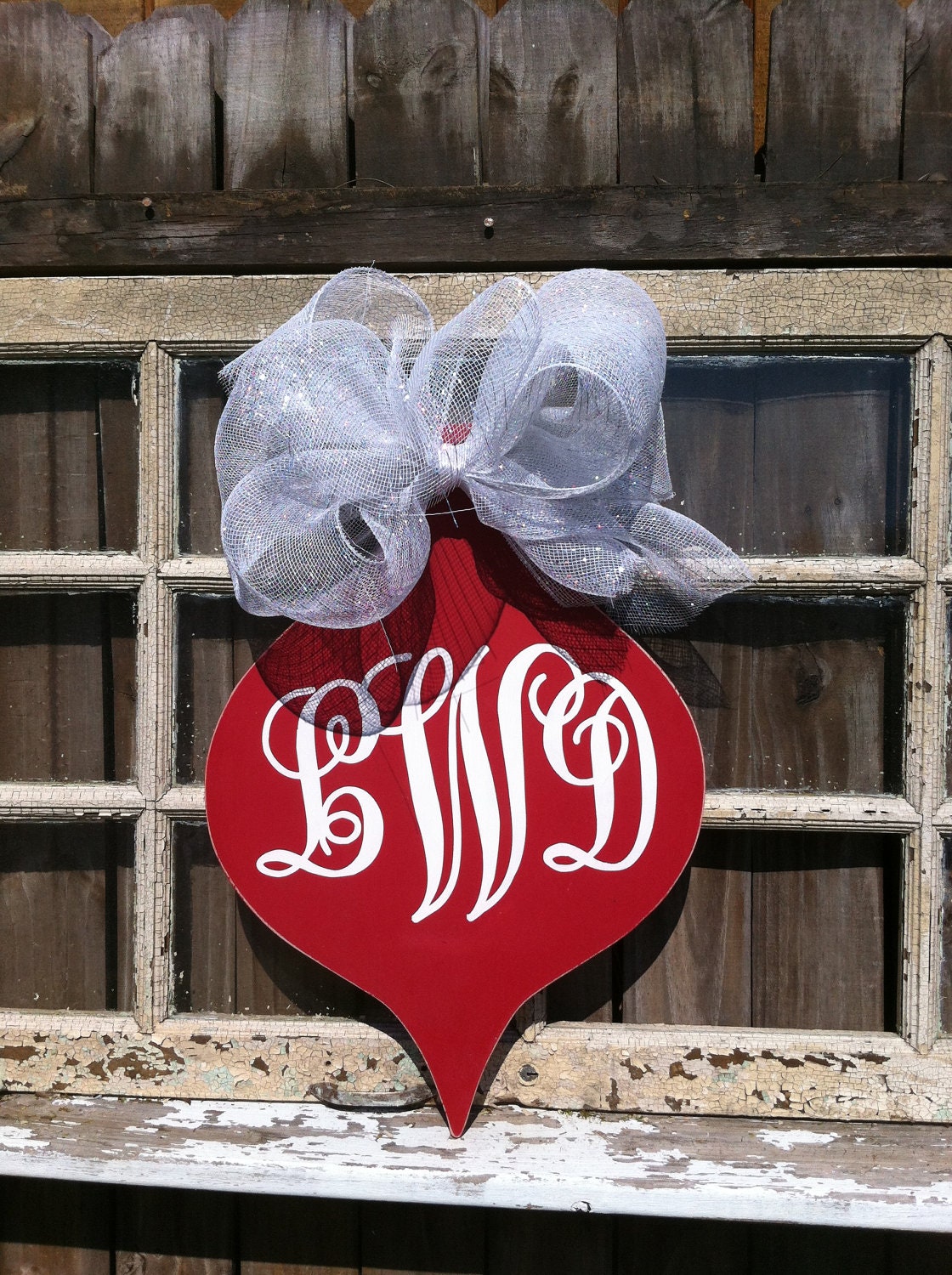 Christmas Door Decor Hand Painted MONOGRAM Personalized Custom Wooden Whimsical Ornament Deco Mesh Ribbon