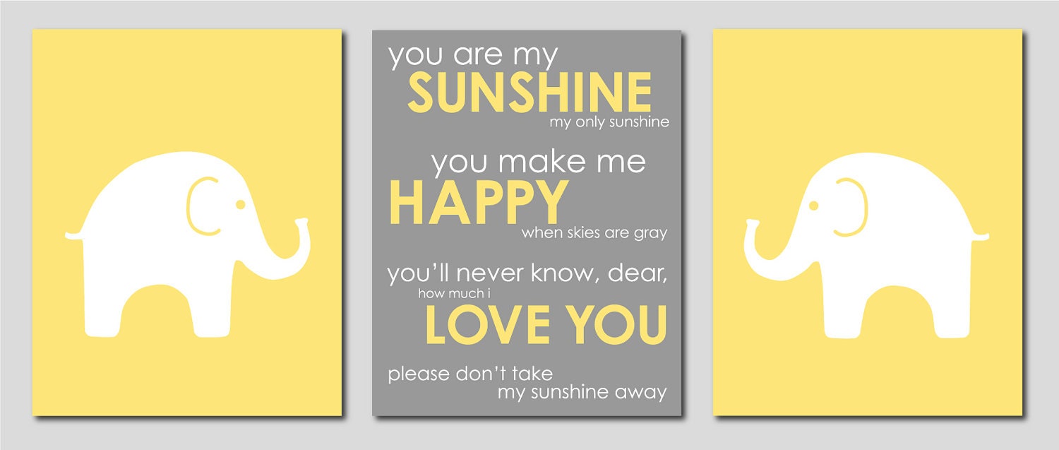 Modern Nursery set of three prints - Elephant Silhouettes and You are my Sunshine- Art for Nursery - Set of three 8"x10" prints