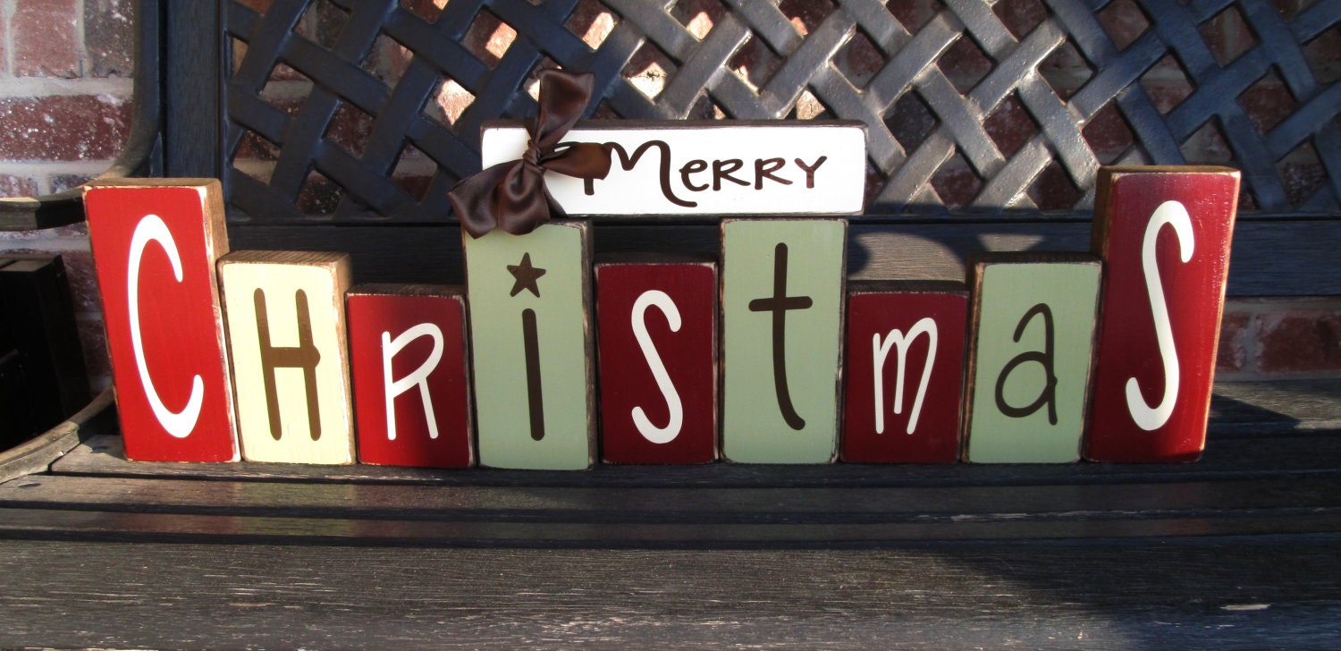 Merry Christmas wood block- CHRISTMAS painted blocks- XL set