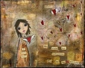Mixed Media Art: Intentions Girl  8x10 print - Whimsical Art, Folk Art, Inspirational Art, Wall Art, Girl Art - Red and Brown