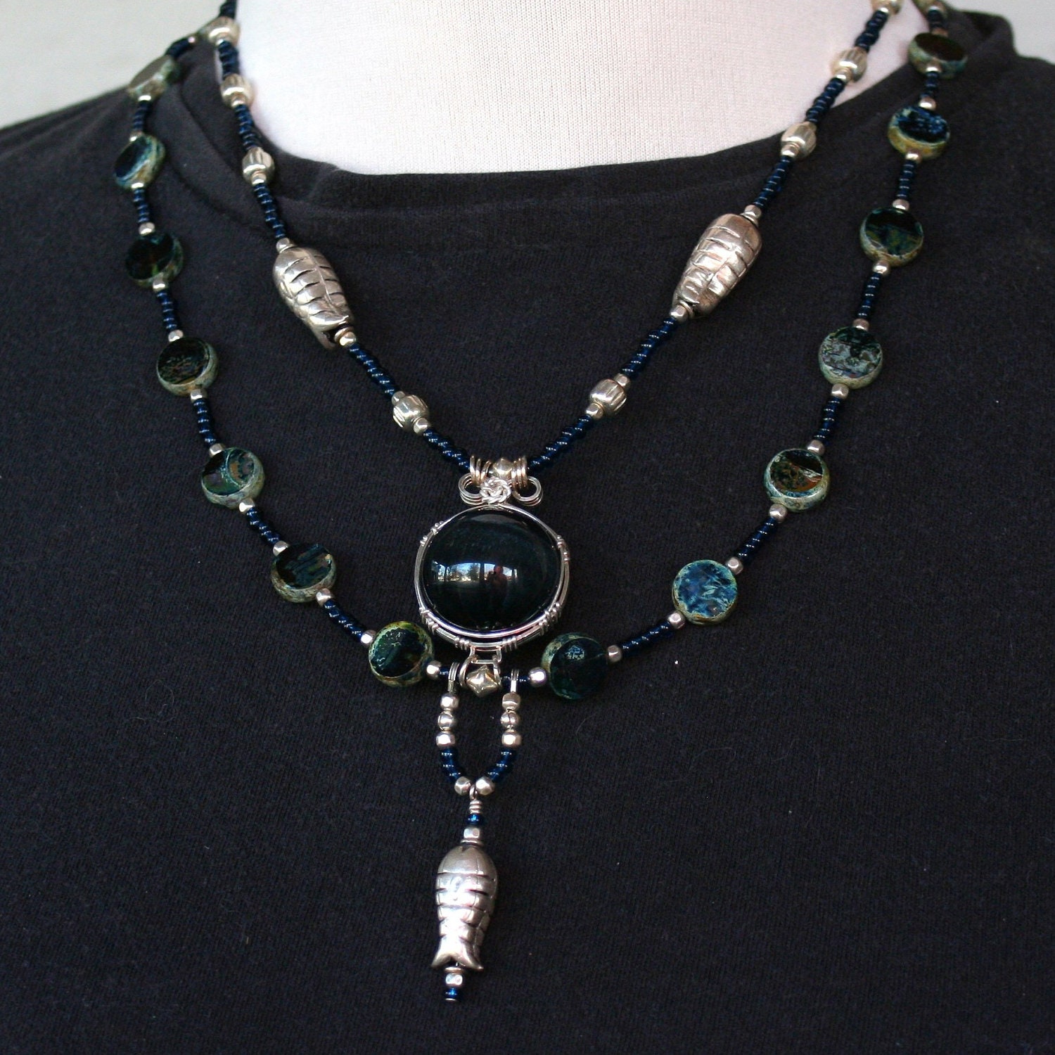 Blue Tiger Eye Sphere Necklace with fine silver Bali Fish beads