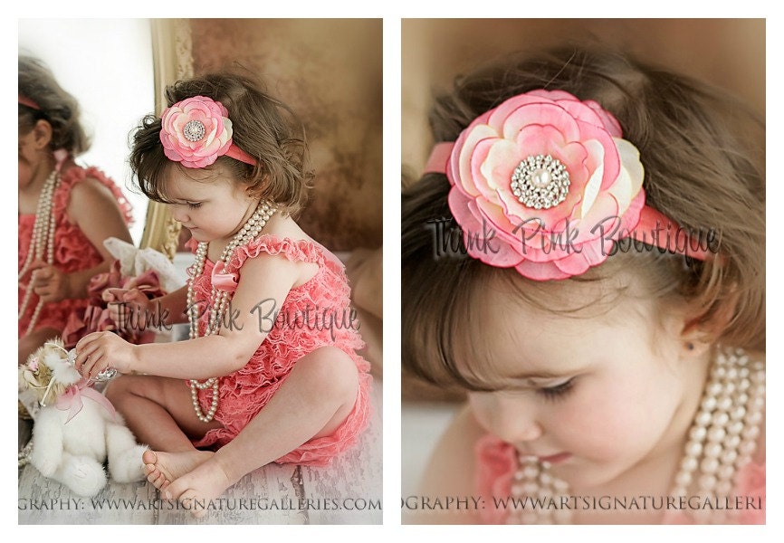 Petti Lace Romper and Baby Headband SET, petti romper,baby headband, flower headband, Coral petti romper,Baby gril headband, Baby Gift Set.