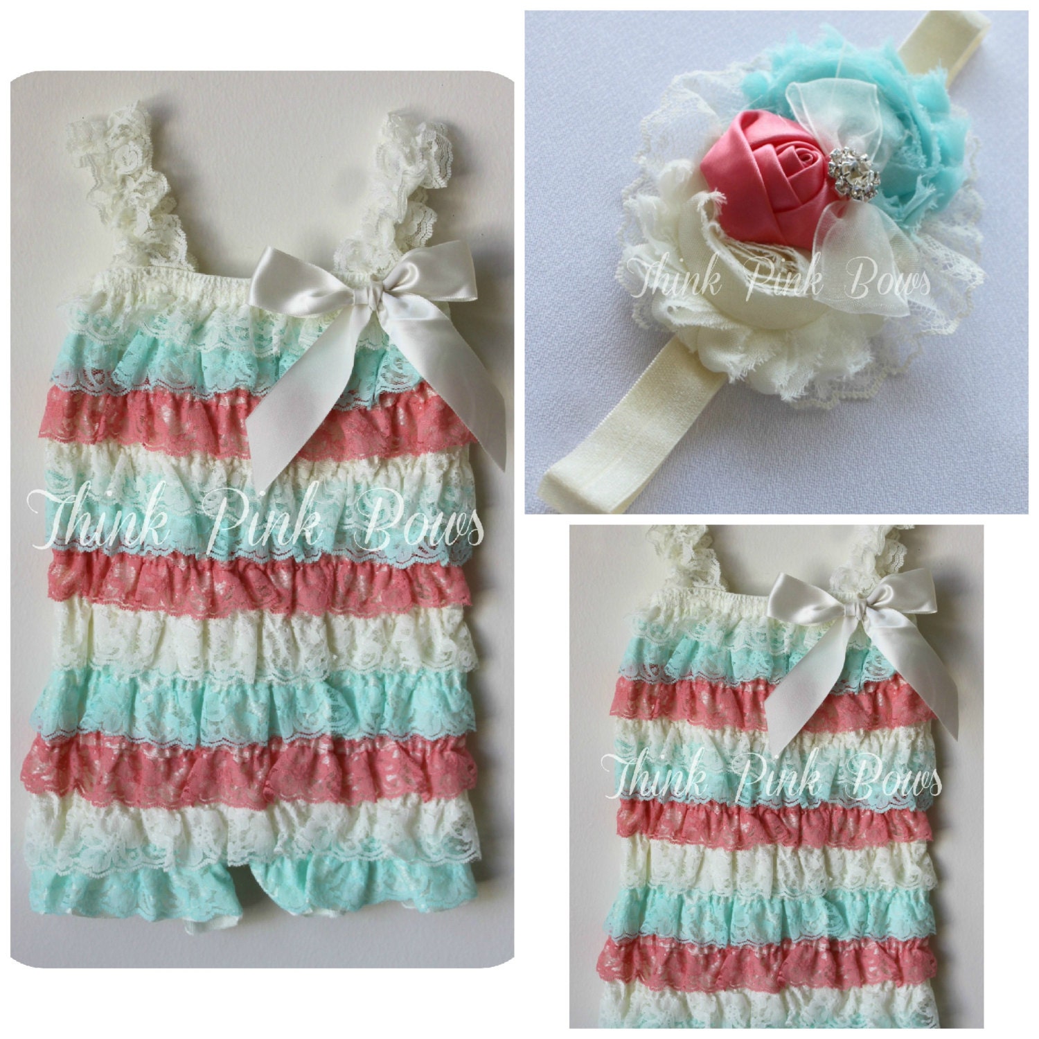 Petti lace romper and headband SET, petti romper,baby headband, flower headband,vintage inspired headband and lace petti romper.