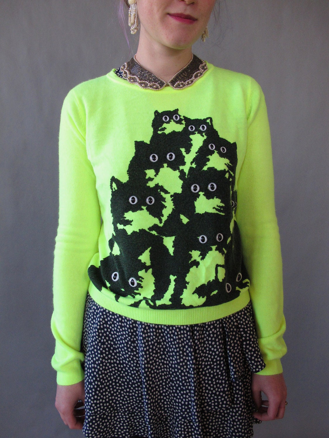 Neon Yellow Crazy Kitty Sweater. L