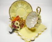Vintage Yellow Tea Cup & Saucer Footed Royal Sealy Lusterware with Vintage Hankie Pink Crochet and Millinery Corsage Brooch Gift Set - meaicp