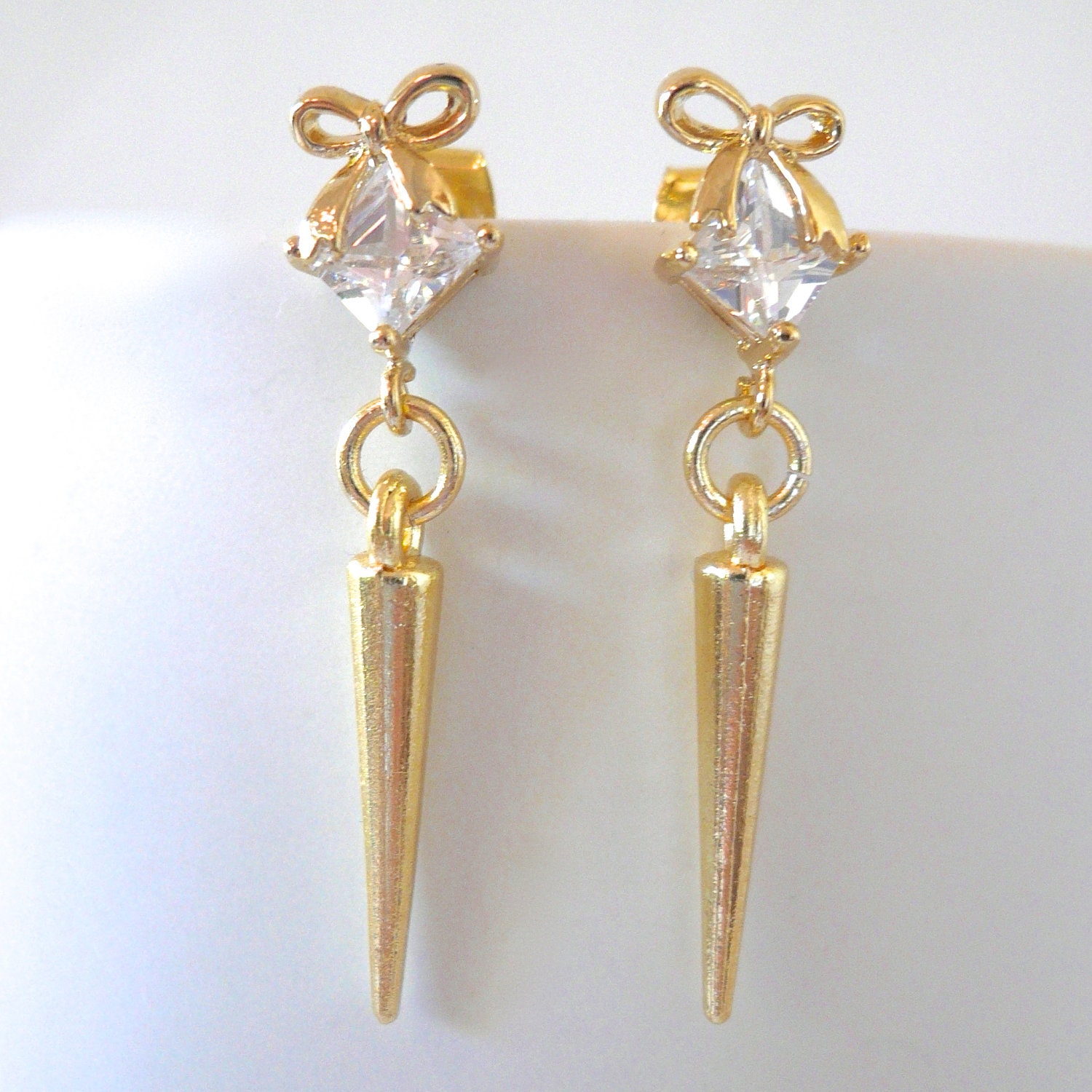 Tiny Bow with CZ and Gold Spike Earrings