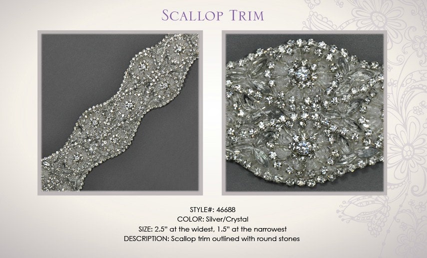 1 YARD of  Scalloped Edge Crystal Beaded Trim for Wedding Gown Belt, Trim, Headbands
