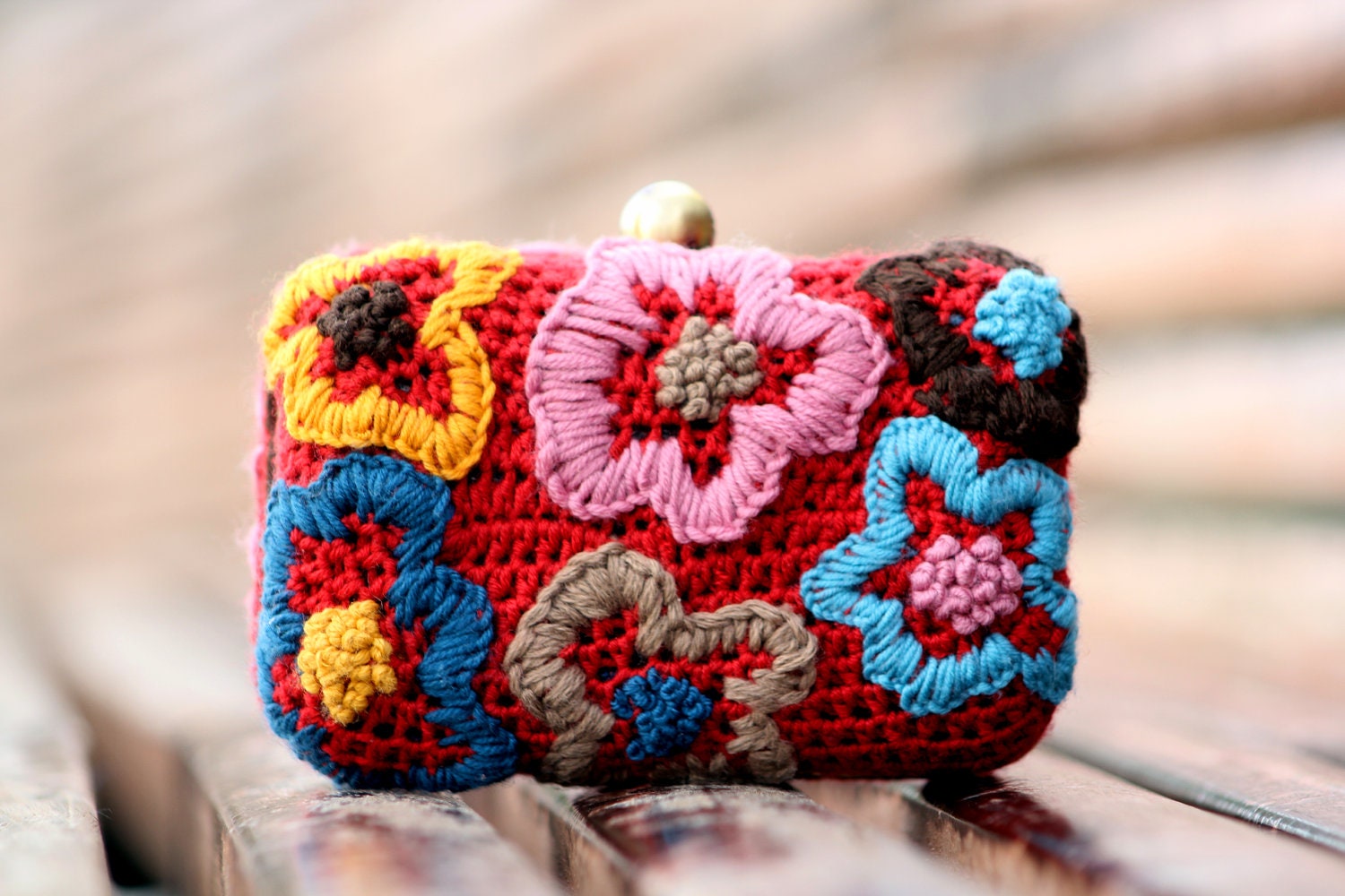 Clutch - crocheted  in red and embroidered in funny colors - MADE TO ORDER