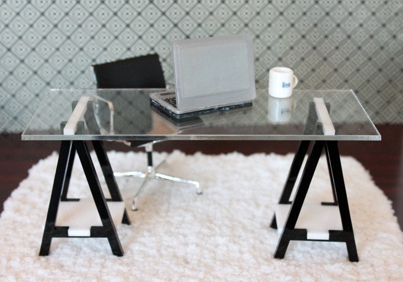Miniature IKEA Inspired VIKA Desk for 1:12 Scale Modern Dollhouse in Black & White Acrylic