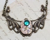 Steampunk Necklace Steam Punk Jewelry Emerald Green May - Antique Brass- Clockwork Vintage Watch Necklace -  Inspired by Elizabeth