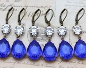Blue Sapphire Wedding Jewelry Bridesmaids Earrings 4 Pairs  Crystal Vintage September Clip On Available