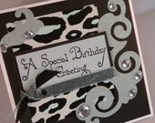 A Special Birthday Greeting Green Leopard and Glitter Card Upcycled