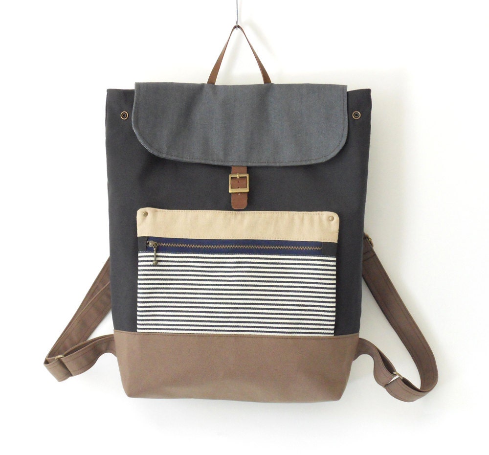 Unisex, navy canvas backpack / Laptop bag / leather closure / Front zipper pocket, Design by BagyBags