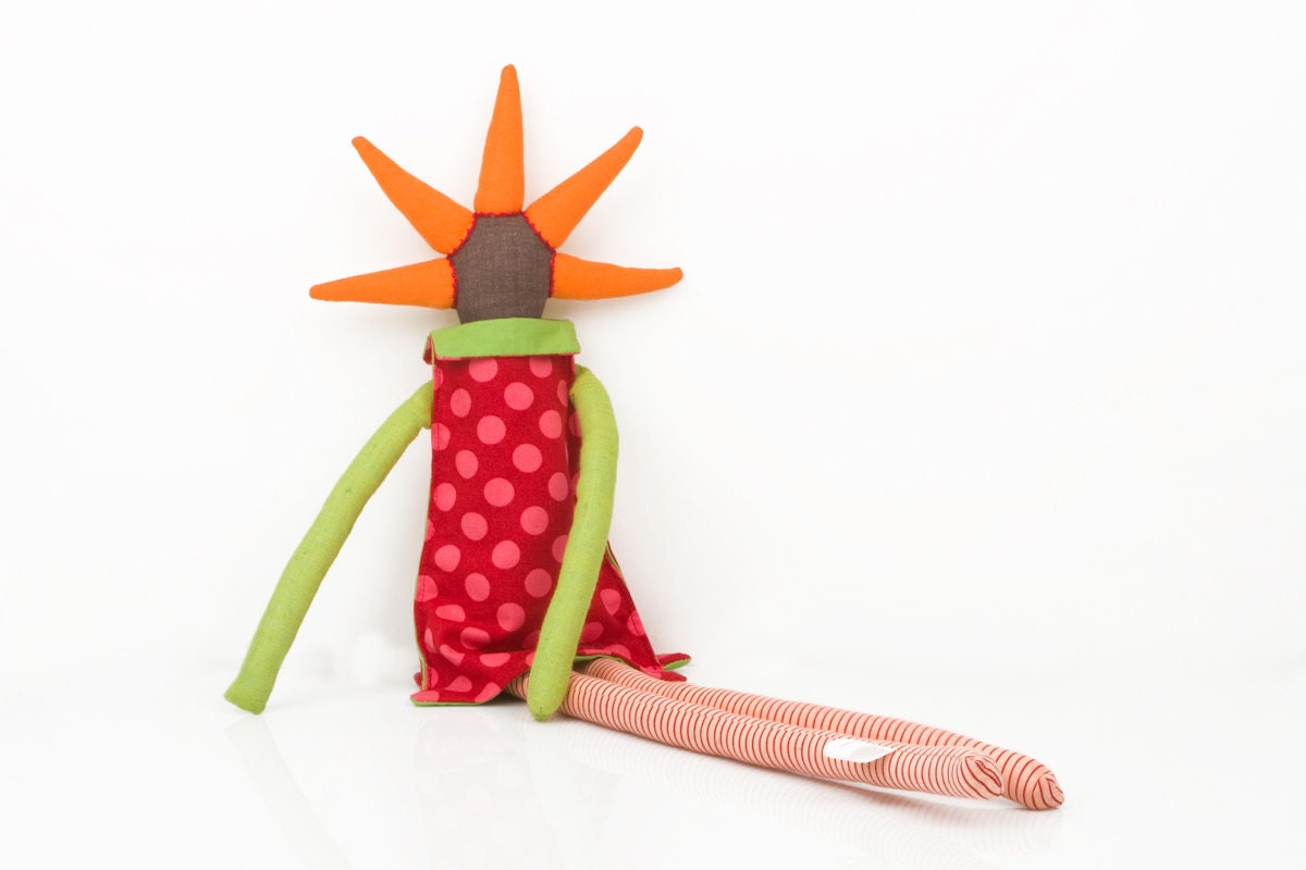 Eco Stuffed Doll - urban Brown ooak art doll - funky  handmade doll With cool Spikes Haircut - fuchsia, neon green peach, red and orange - TIMOHANDMADE