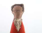 Geek, Hipster , Curly African man with Eyeglasses wearing Red jacket , dotted tie and  natural linen striped pants - cloth doll for him