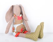 Plush Mocha rabbit doll - Stuffed bunny Wearing Blue & Brown Floral retro dress ,Spotted green socks - timohandmade fabric doll