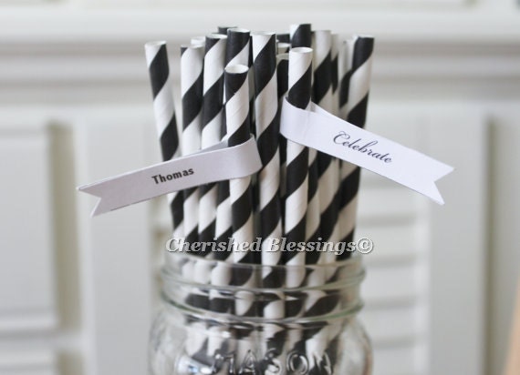 25 Black Striped Paper Straws Retro Vintage Style Carnival Circus Wedding Birthday Bridal Baby Shower W/ Printable Flags I Created Il_170x135