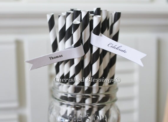 25 Black Striped Paper Straws Retro Vintage Style Carnival Circus Wedding Birthday Bridal Baby Shower W/ Printable Flags I Created Il_570xn