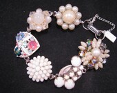 Upcycled Earring Bracelet, Bridesmaid Gift, Vintage Bracelet, Milk Glass, Heart, Wedding Jewelry, Under 40 - Bright Heart