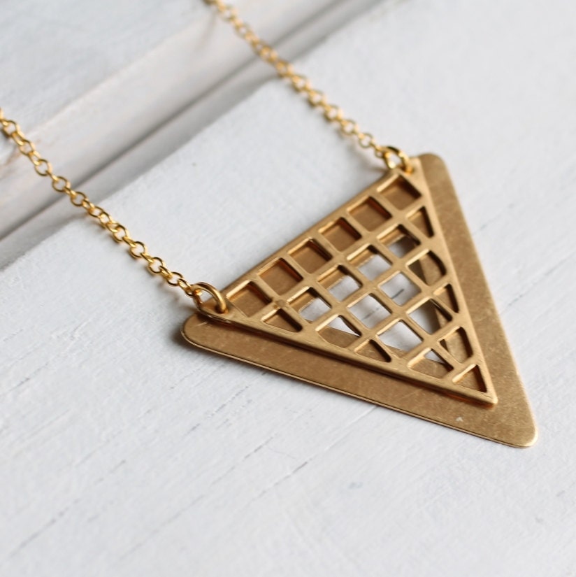 Geometric Triangle Necklace ... Vintage Grid Waffle Brass Geometric Shape with Gold Chain