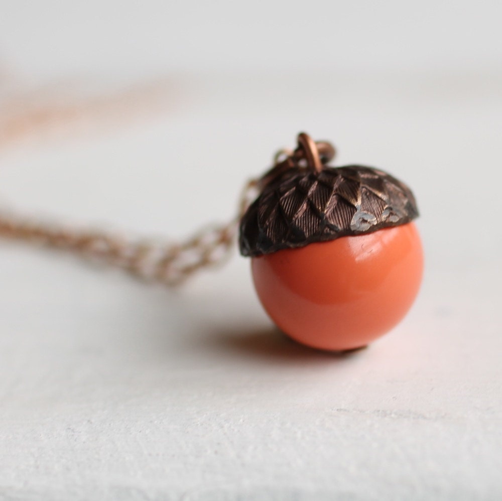 Acorn Necklace ...  Coral Tangerine Orange Swarovski Pearls Copper Oak