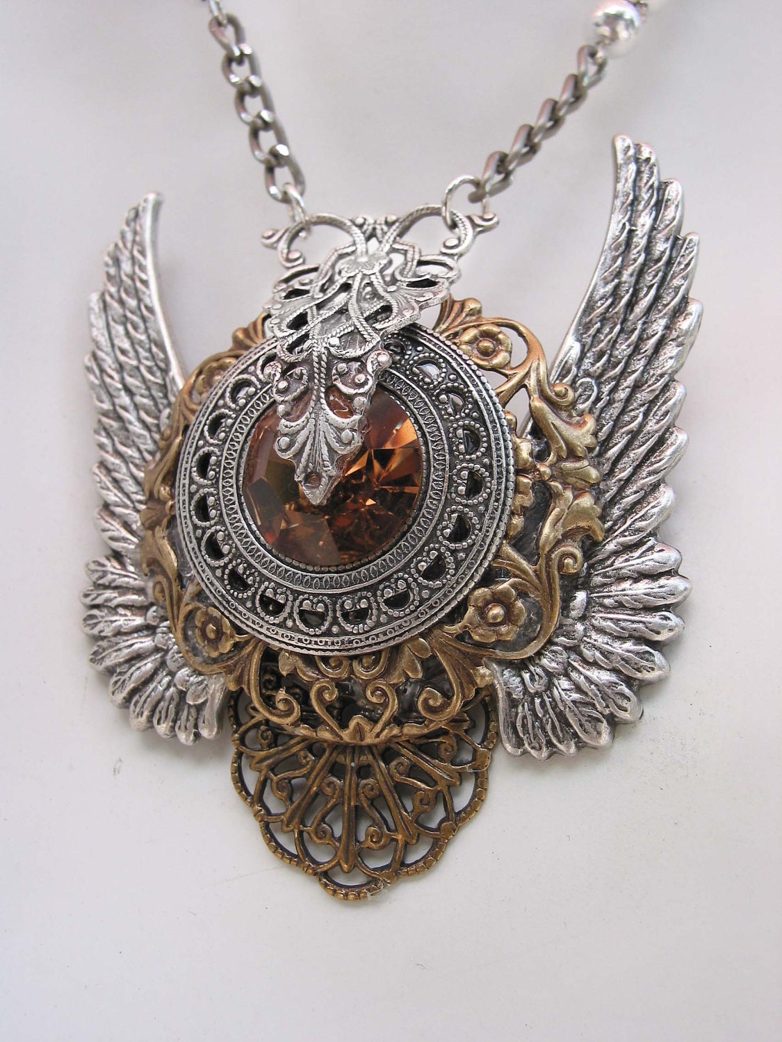 Topaz Crystal Wings of Flight Victorian Silver and Gold Necklace