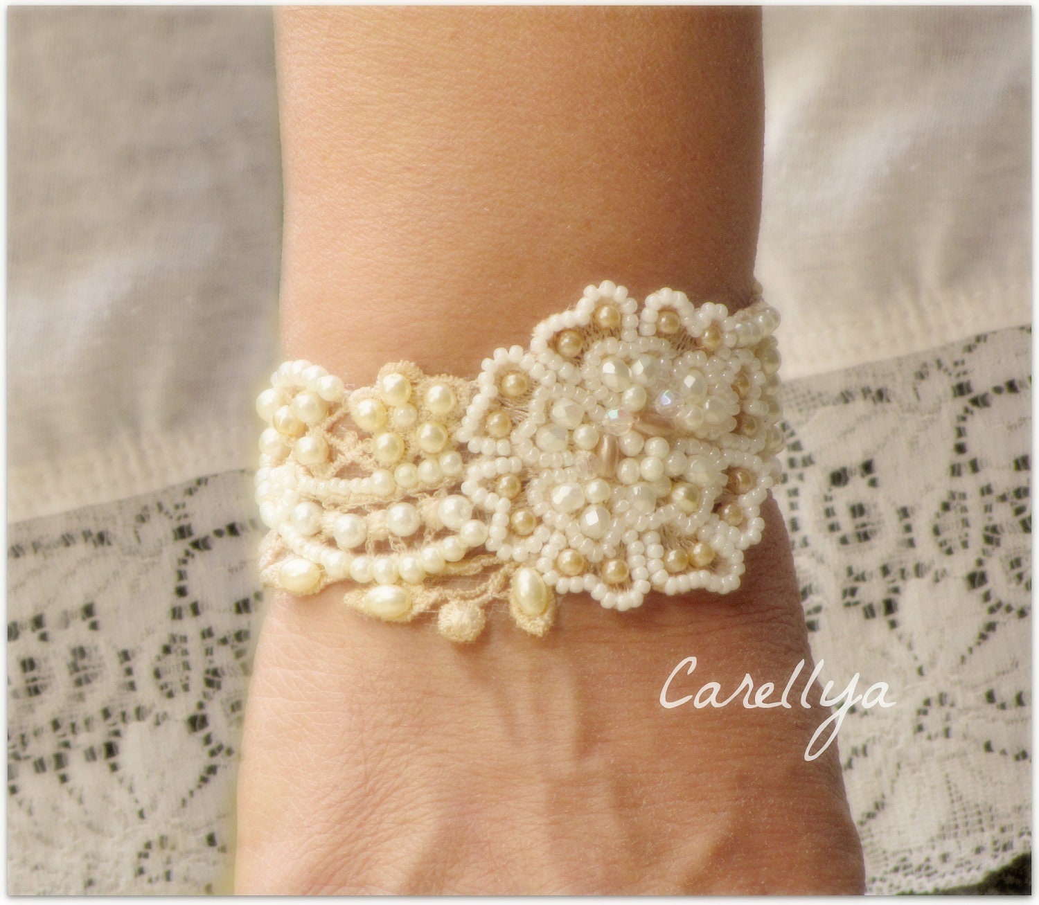 Beaded Cuff Vintage Lace Hand Embroidered Beadwork Pearls Bracelet, Wedding Cuff, SNIR