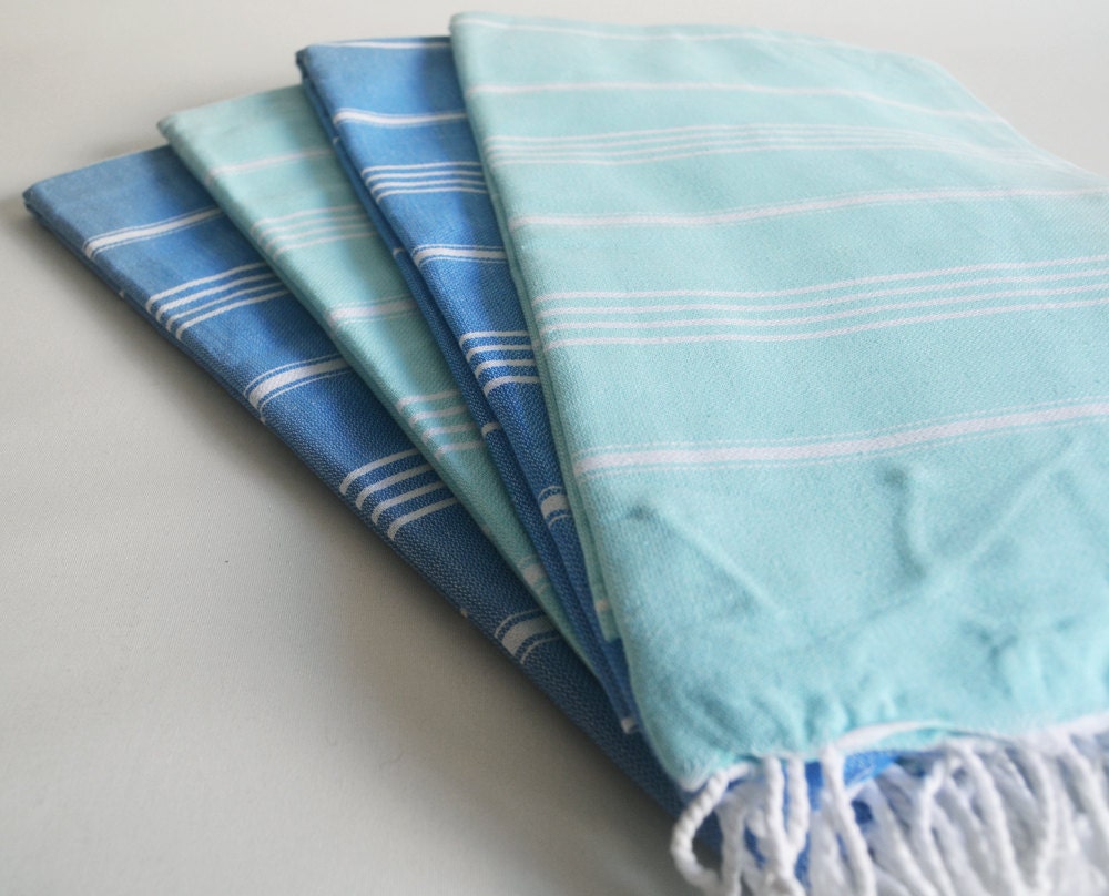 Free Shipment SET 4 Piece Turkish BATH Towel - Classic Peshtemal - 2 Blue -2 Ice Blue