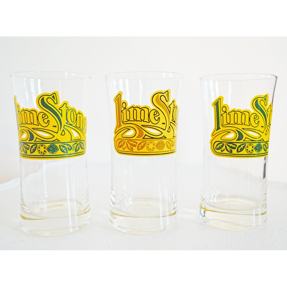 Set of Three Vintage Drinking Glasses Limestone Cocktail Bourbon Glasses Entertaining Highball Barware For Him Advertising Yellow Green