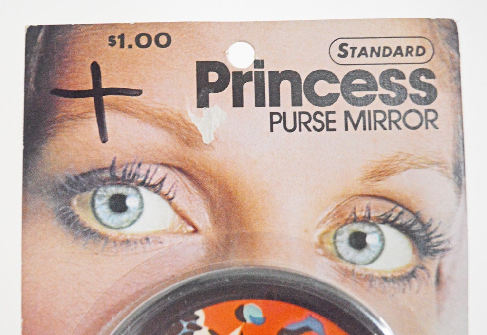 Vintage Pocket Purse Hand Mirror Original Package Princess Flower Black Red Blue White Standard Pyroxoloid Retro Pattern