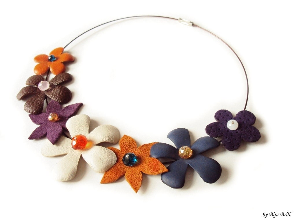 Leather Floral Bouquet Necklace Tangerine Brown Purple Cream Flowers, Leather Jewelry