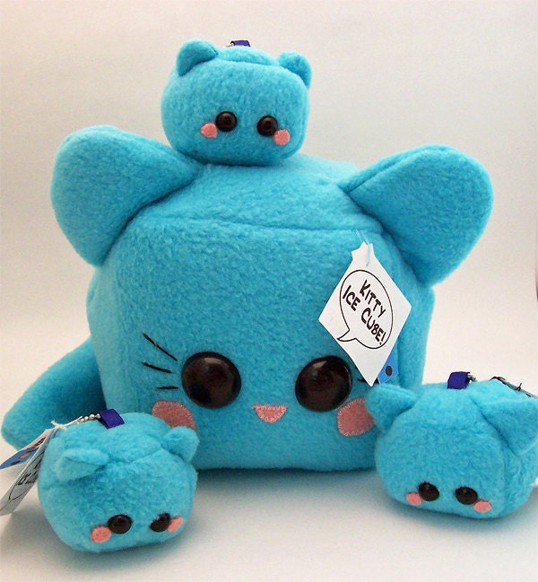 Kitty Cat Ice Cube Plushie kawaii stuffed toy in soft blue fleece