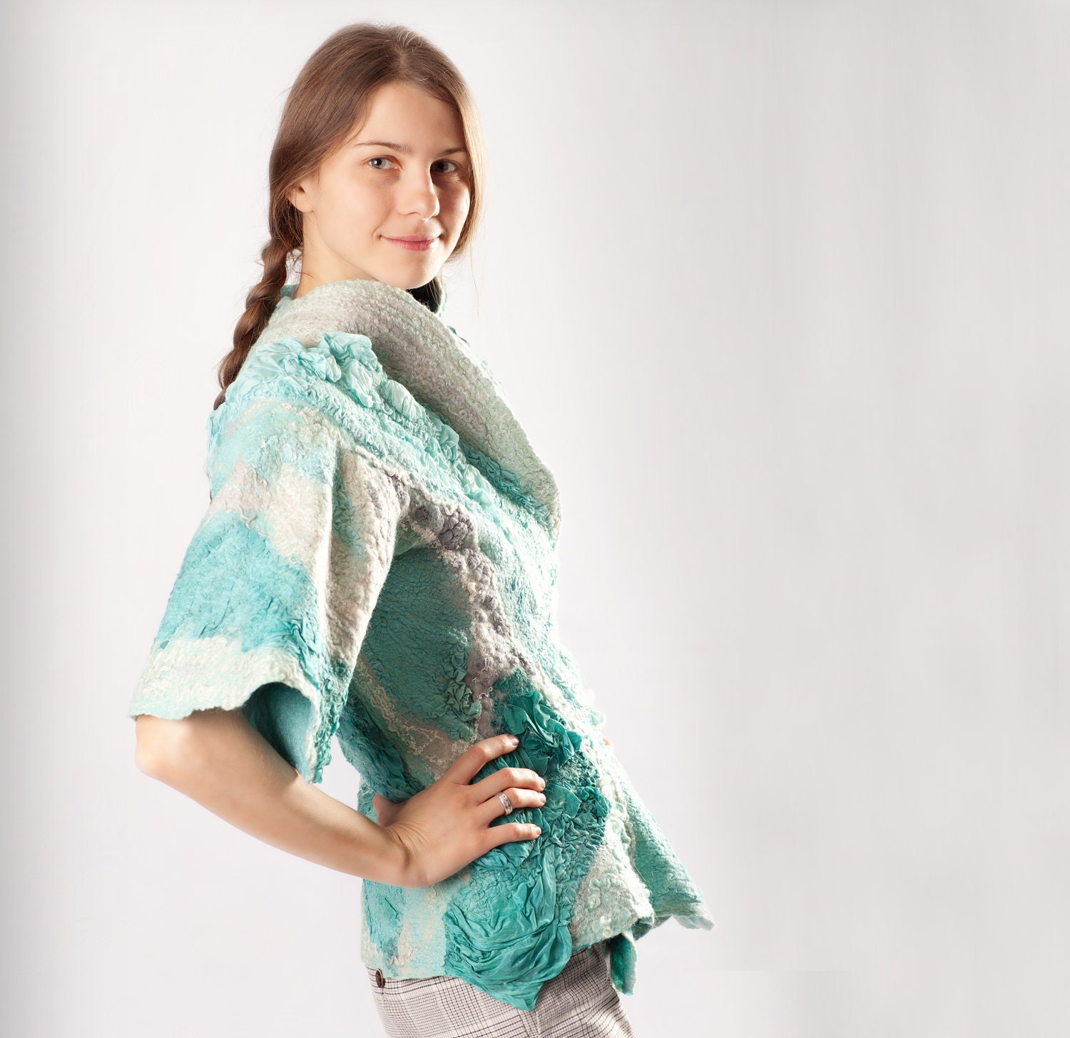 Nunofelted jacket kimono teal mint aqua turquoise blue women cropped grey wnter clothing denim size S M small medium - Baymut