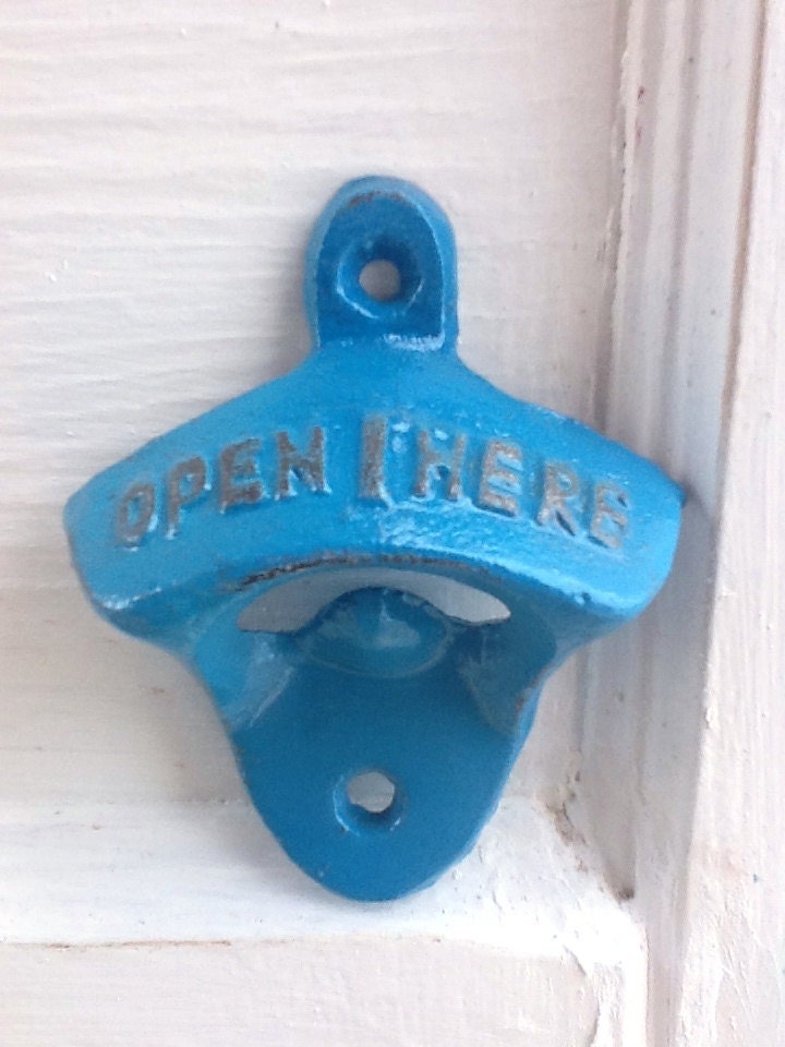 Teal Blue Bottle Opener - Aqua Blue Turquoise - Retro Kitchen Decor - Vintage Inspired - Metal Wall Decor- Bright Cast Iron - Shabby Chic