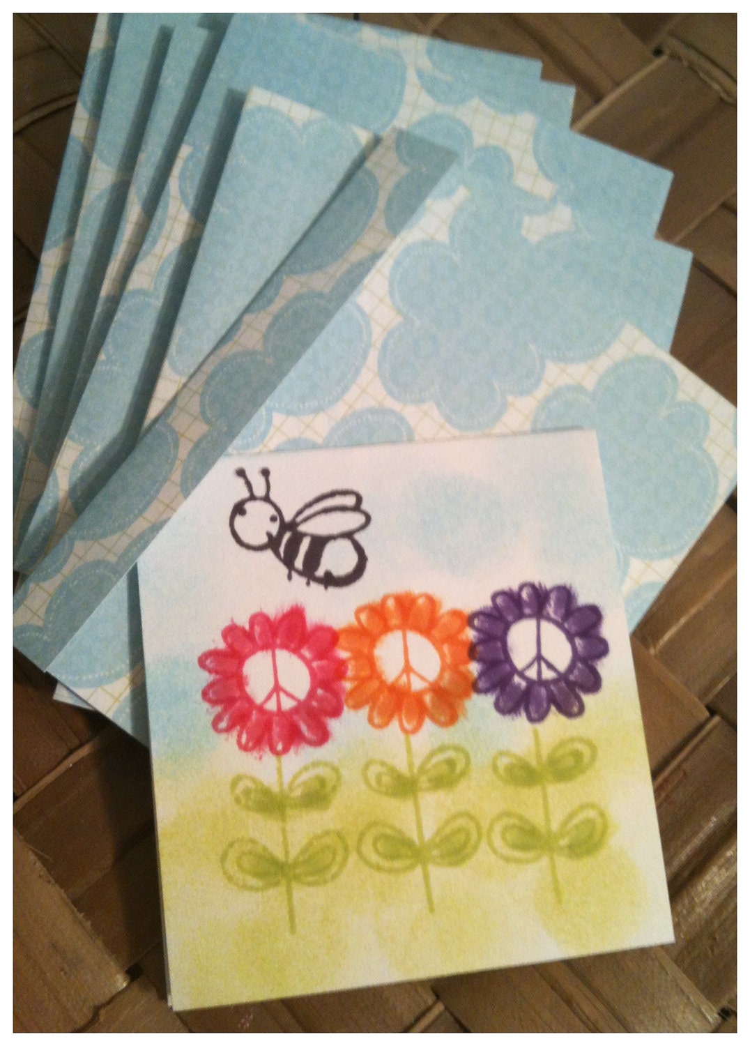 SIX Handcut Peace Sign Flowers Honey Bee Pink Orange Purple Blue Skies Stamped Mini Note Cards with Envelopes All Handmade
