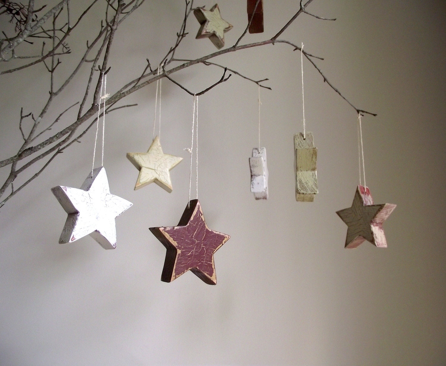 Antiqued Wood Stars Handpainted Decoration Salvaged Wood Farmhouse Country Cottage Decor Set of 4 SALE