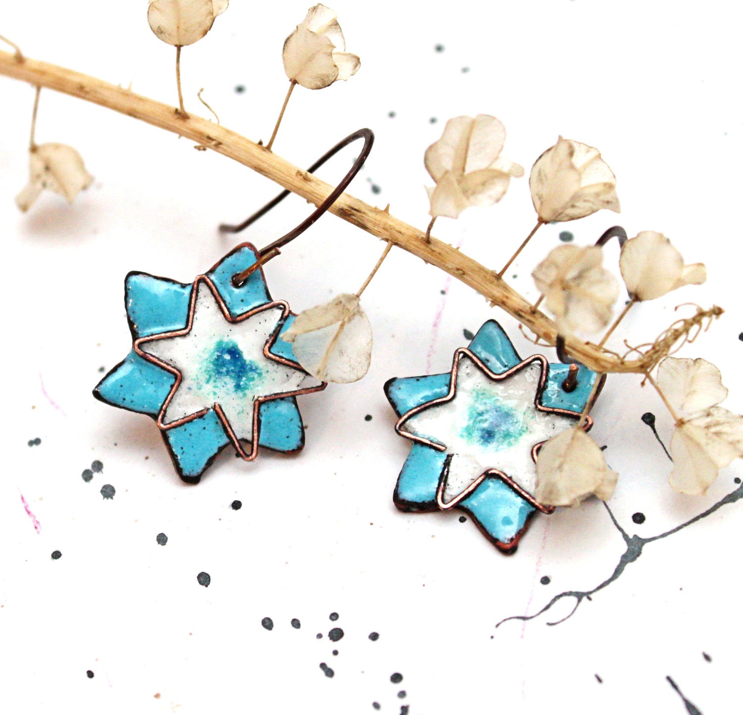 Copper Enamel earrings "Christmas star"
