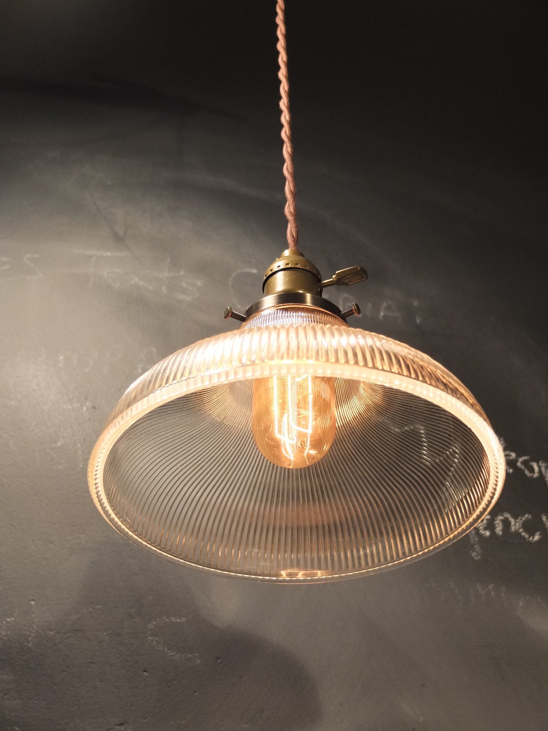 Vintage Industrial Hanging Light with Ribbed Glass Shade - Machine Age Minimalist Bare Bulb Pendant Lamp