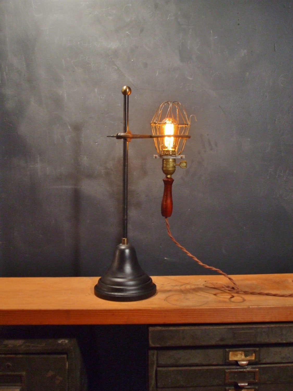 Vintage Antique Industrial Trouble Light with Stand - Cage Pendant Lamp, Lab Flower
