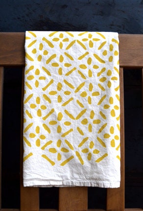 Tea Towel - Screen Printed - Yellow Cross-Diamonds on Natural