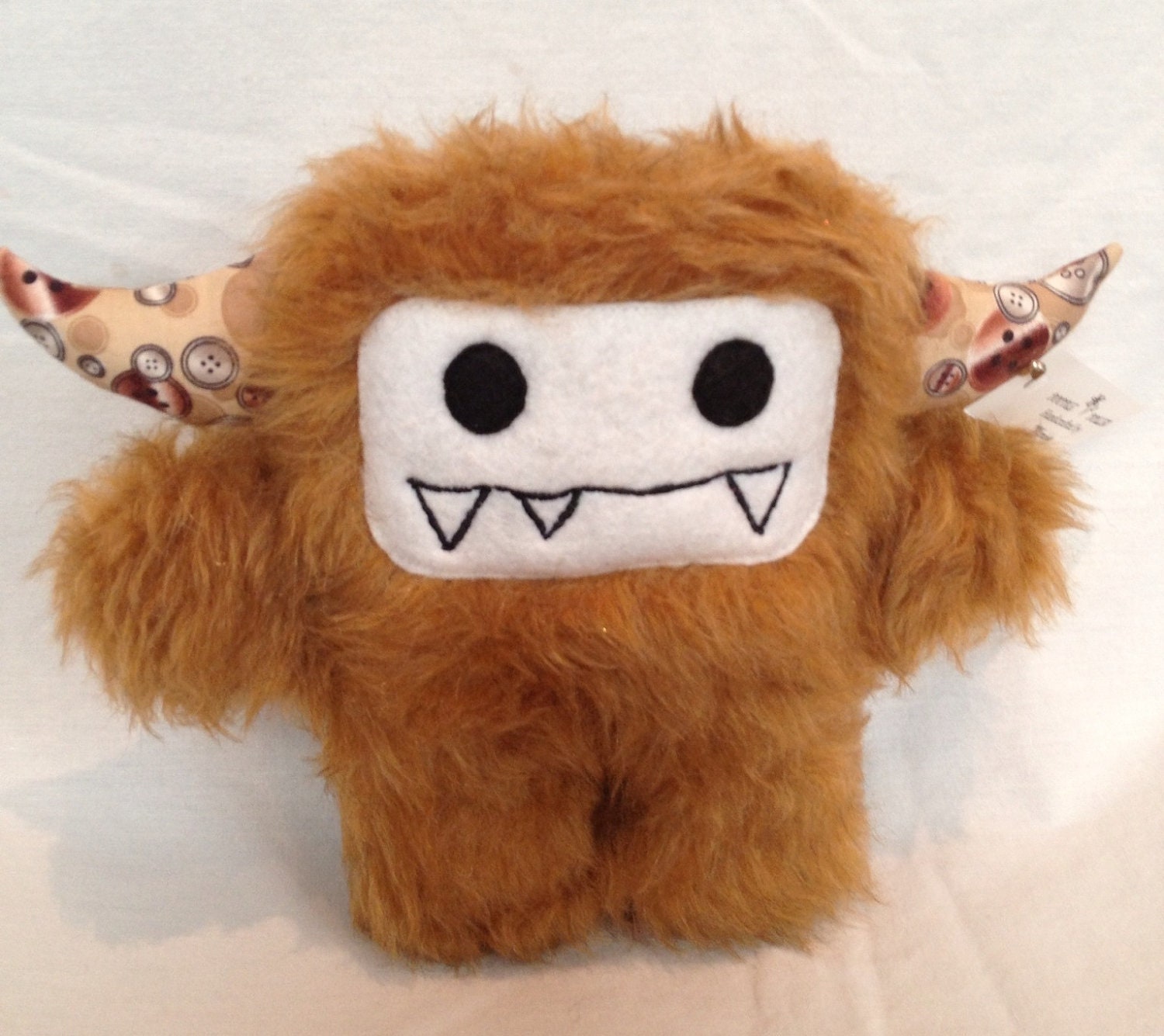Furry Plush monster in Brown fur, Patterned cotton fabric and felt face - Percival