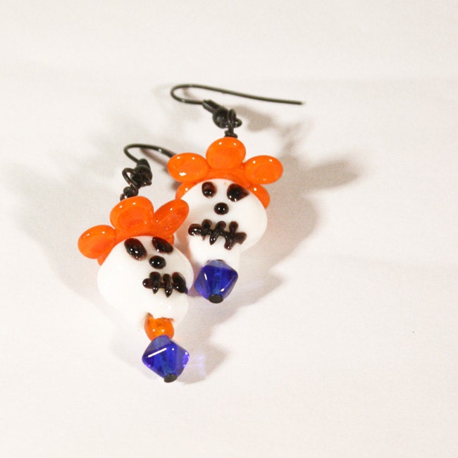 Lamp Work Skull Earrings on Black Wire Day of the Dead