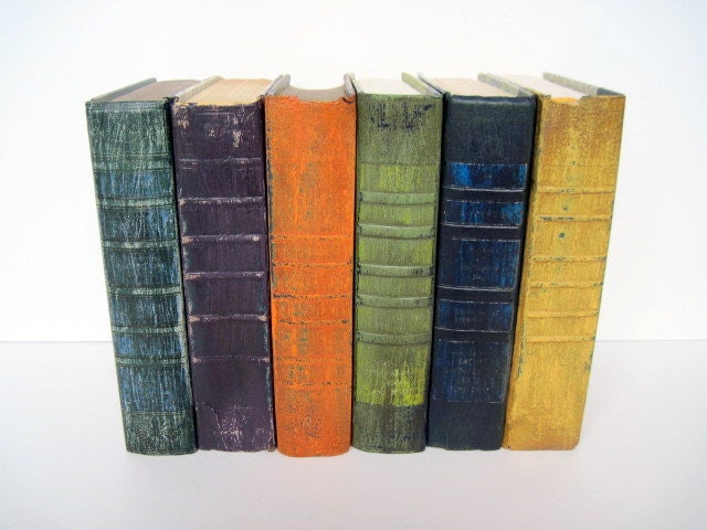 Vintage Books Painted Distressed Wedding Table Decor Mod Art Deco Cottage Chic Interior Design Retro Library Beach House French Country