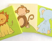 Kids wall art- 3 paintings- Jungle bunch- elephant, lion and monkey- green and cream wall decor on canvas, children decor