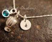 Sterling Silver Mini Initial Charm Necklace with Construction Helmet Charm and birthstone