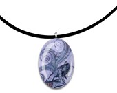 Fantasy Faerie art oval glass tile pendant, handmade, beautiful fairy wings, blue and purple