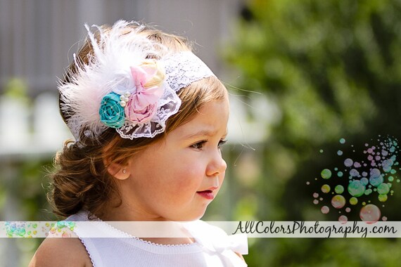 Vintage Lollipop Shabby Chic Headband - Rosette Baby Girl Headband in White, Blue, Pink and Yellow - All Ages Headband - Great Photo Prop
