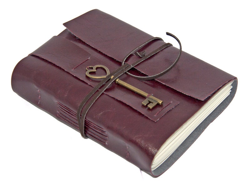 Burgundy Vegan Faux Leather Journal with Heart Key Charm Bookmark